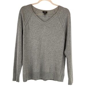 Talbots 100% Pure Cashmere Gray V-Neck Sweater Raglan Sleeve Cable Knit Sz LP
